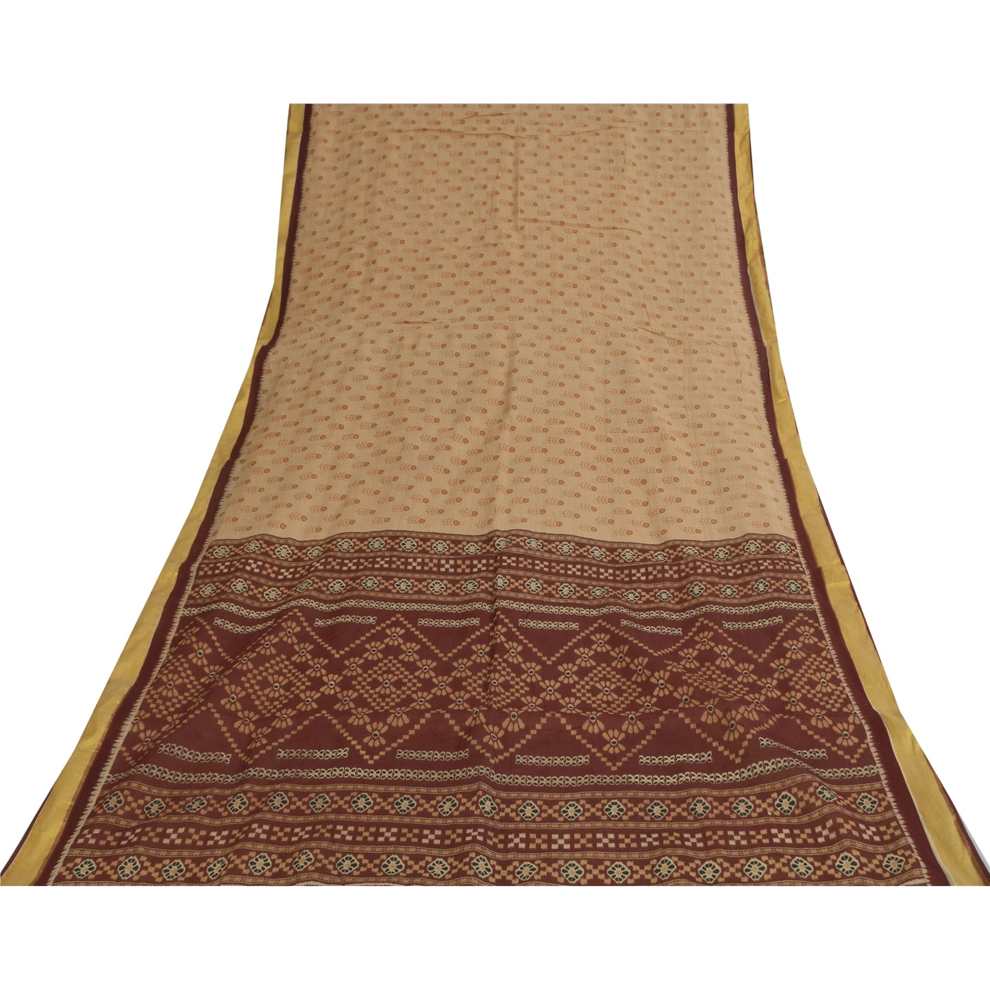 Sanskriti Vintage Sarees Indian Ivory Pure Cotton Printed Sari 5+yd Craft Fabric