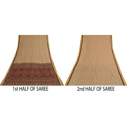 Sanskriti Vintage Sarees Indian Ivory Pure Cotton Printed Sari 5+yd Craft Fabric