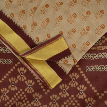 Sanskriti Vintage Sarees Indian Ivory Pure Cotton Printed Sari 5+yd Craft Fabric