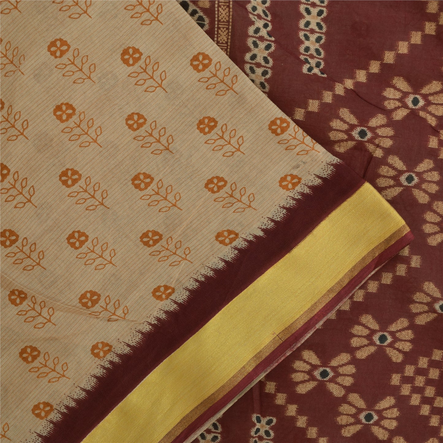 Sanskriti Vintage Sarees Indian Ivory Pure Cotton Printed Sari 5+yd Craft Fabric