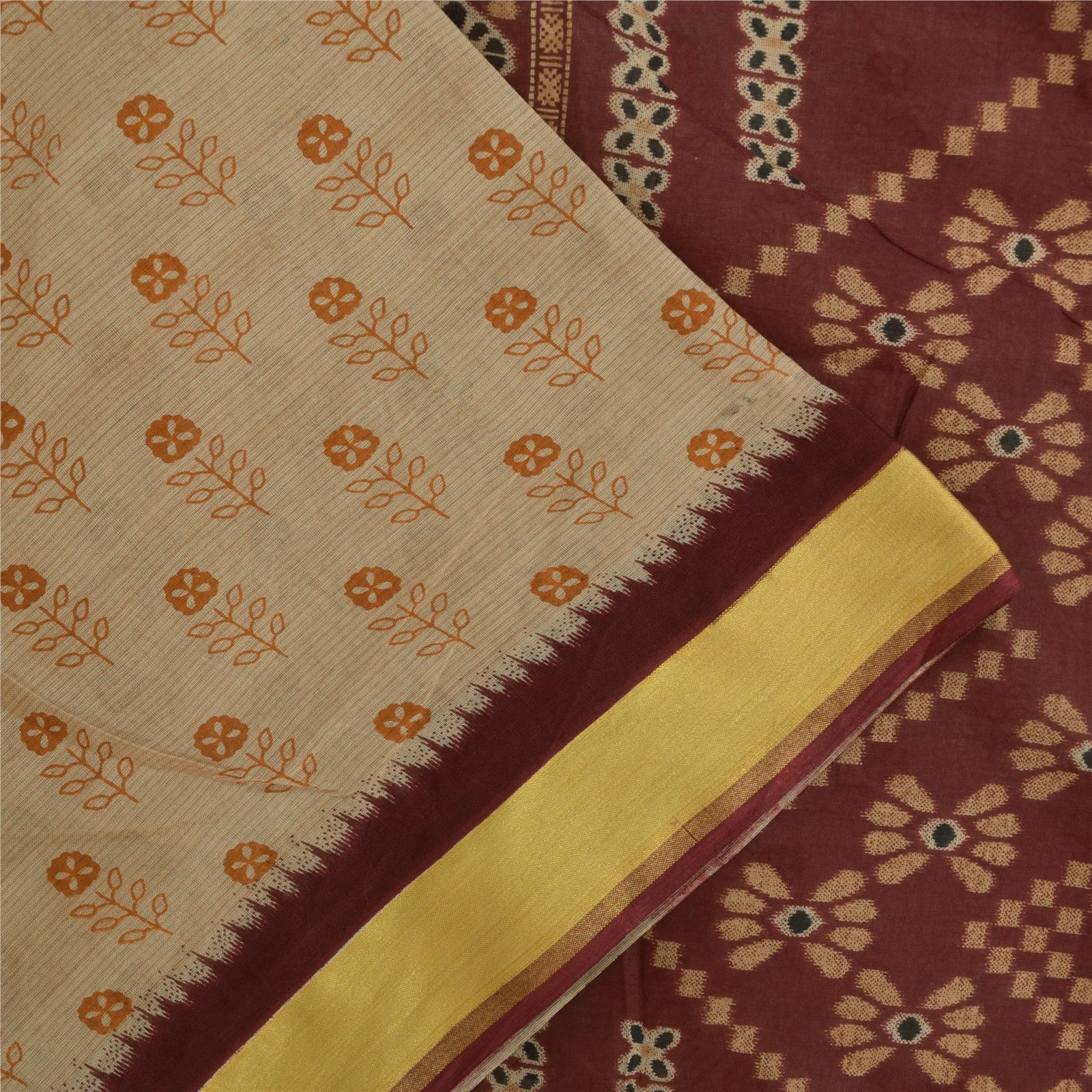 Sanskriti Vintage Sarees Indian Ivory Pure Cotton Printed Sari 5+yd Craft Fabric