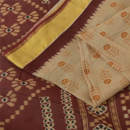 Sanskriti Vintage Sarees Indian Ivory Pure Cotton Printed Sari 5+yd Craft Fabric