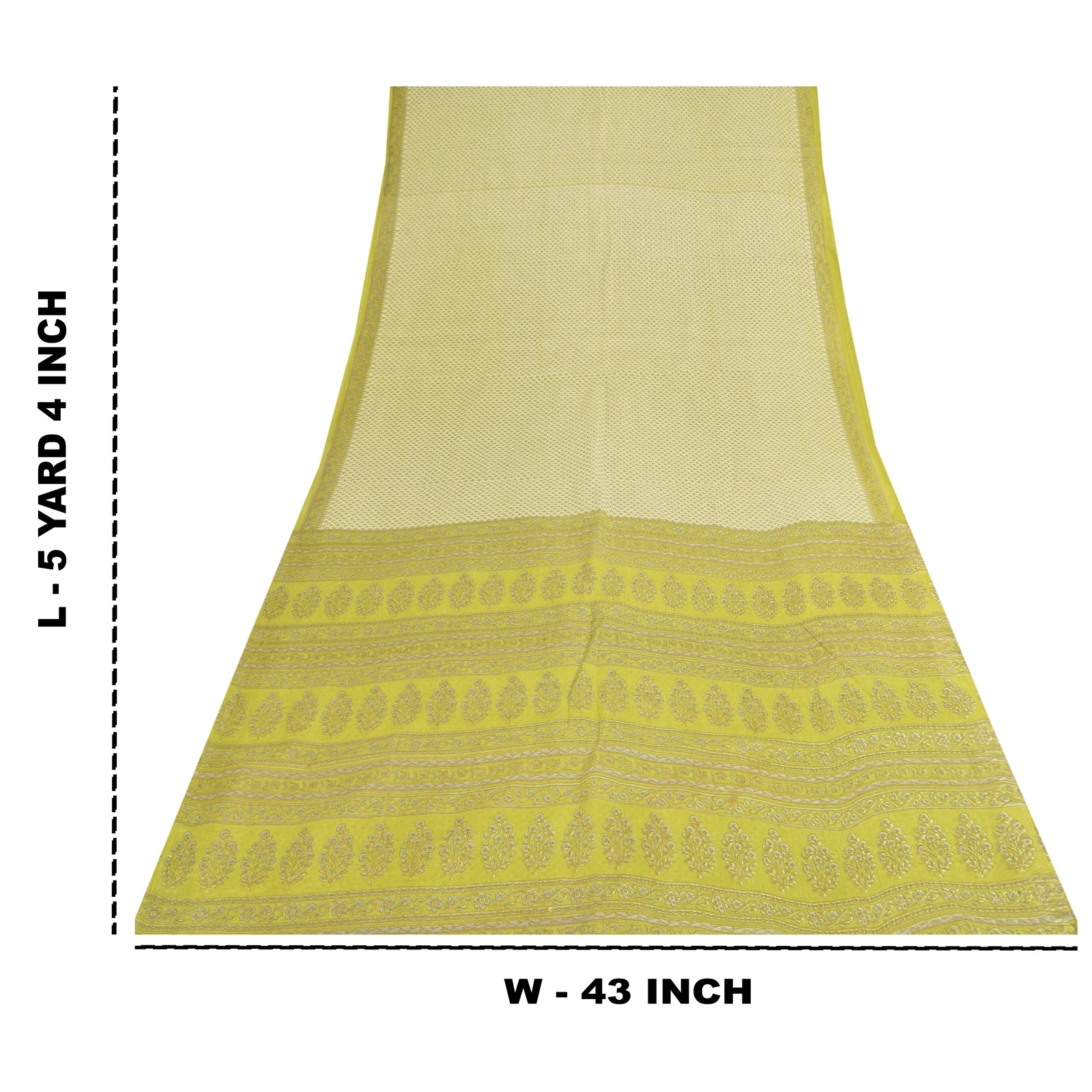 Sanskriti Vintage Sarees Ivory & Green Pure Cotton Print Sari 5+yd Craft Fabric