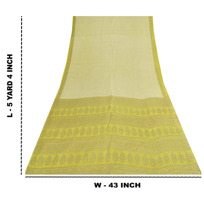 Sanskriti Vintage Sarees Ivory & Green Pure Cotton Print Sari 5+yd Craft Fabric