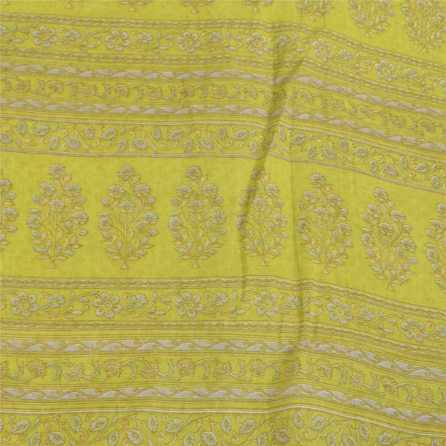 Sanskriti Vintage Sarees Ivory & Green Pure Cotton Print Sari 5+yd Craft Fabric