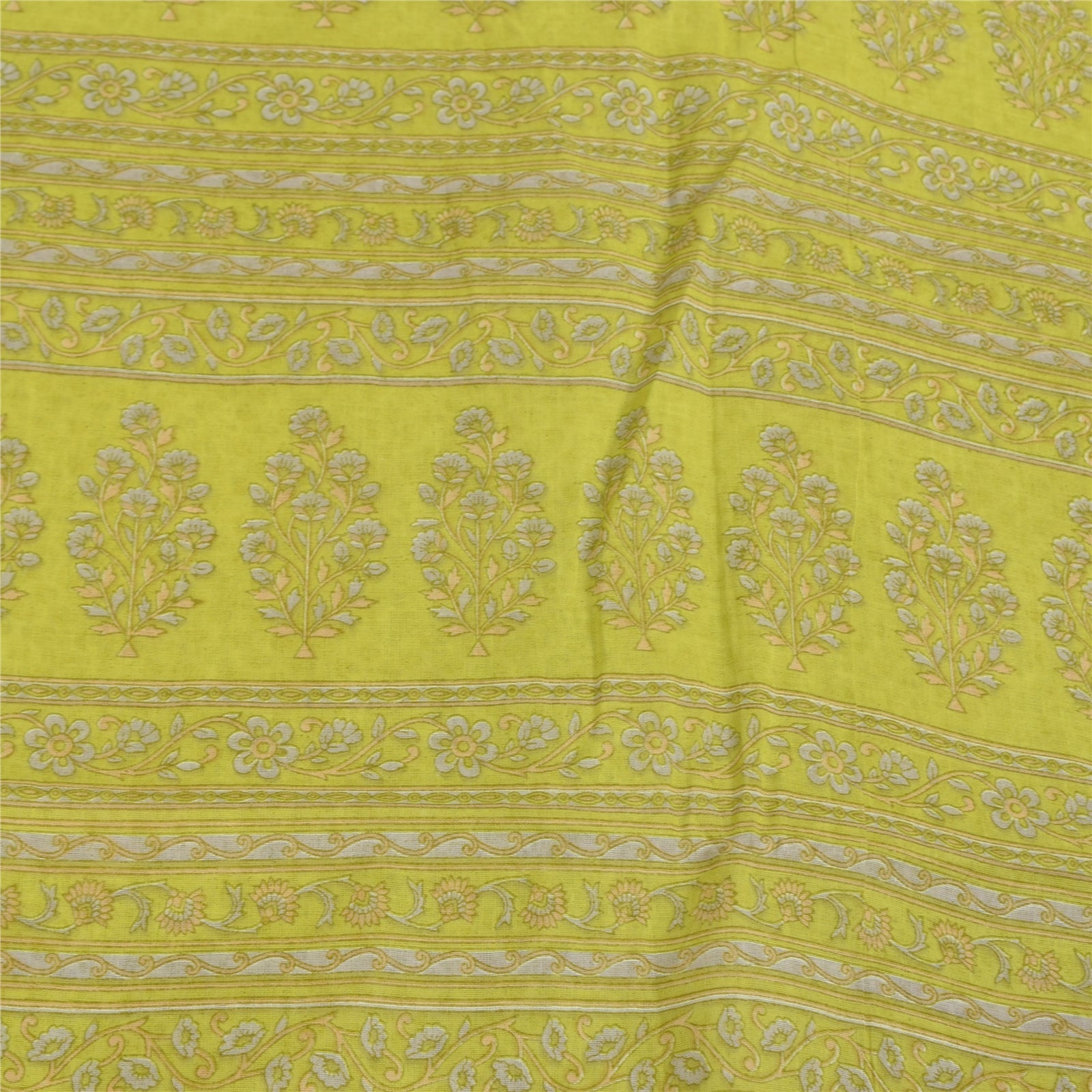 Sanskriti Vintage Sarees Ivory & Green Pure Cotton Print Sari 5+yd Craft Fabric