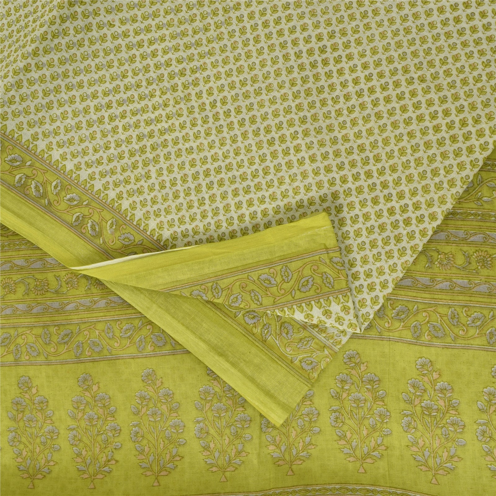 Sanskriti Vintage Sarees Ivory & Green Pure Cotton Print Sari 5+yd Craft Fabric
