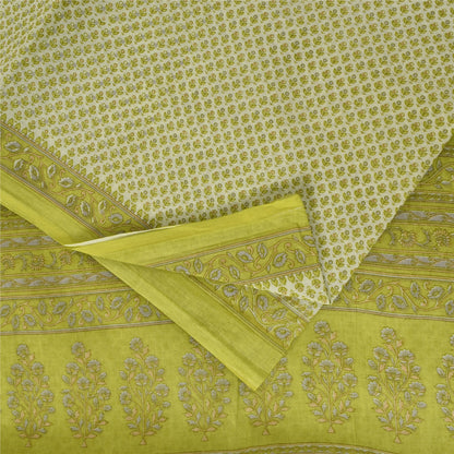 Sanskriti Vintage Sarees Ivory & Green Pure Cotton Print Sari 5+yd Craft Fabric