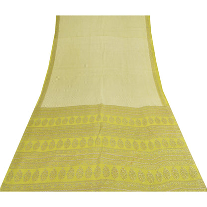 Sanskriti Vintage Sarees Ivory & Green Pure Cotton Print Sari 5+yd Craft Fabric