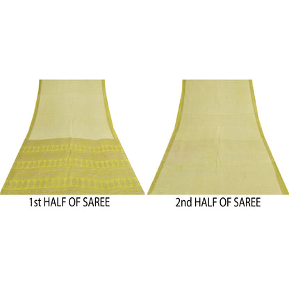 Sanskriti Vintage Sarees Ivory & Green Pure Cotton Print Sari 5+yd Craft Fabric