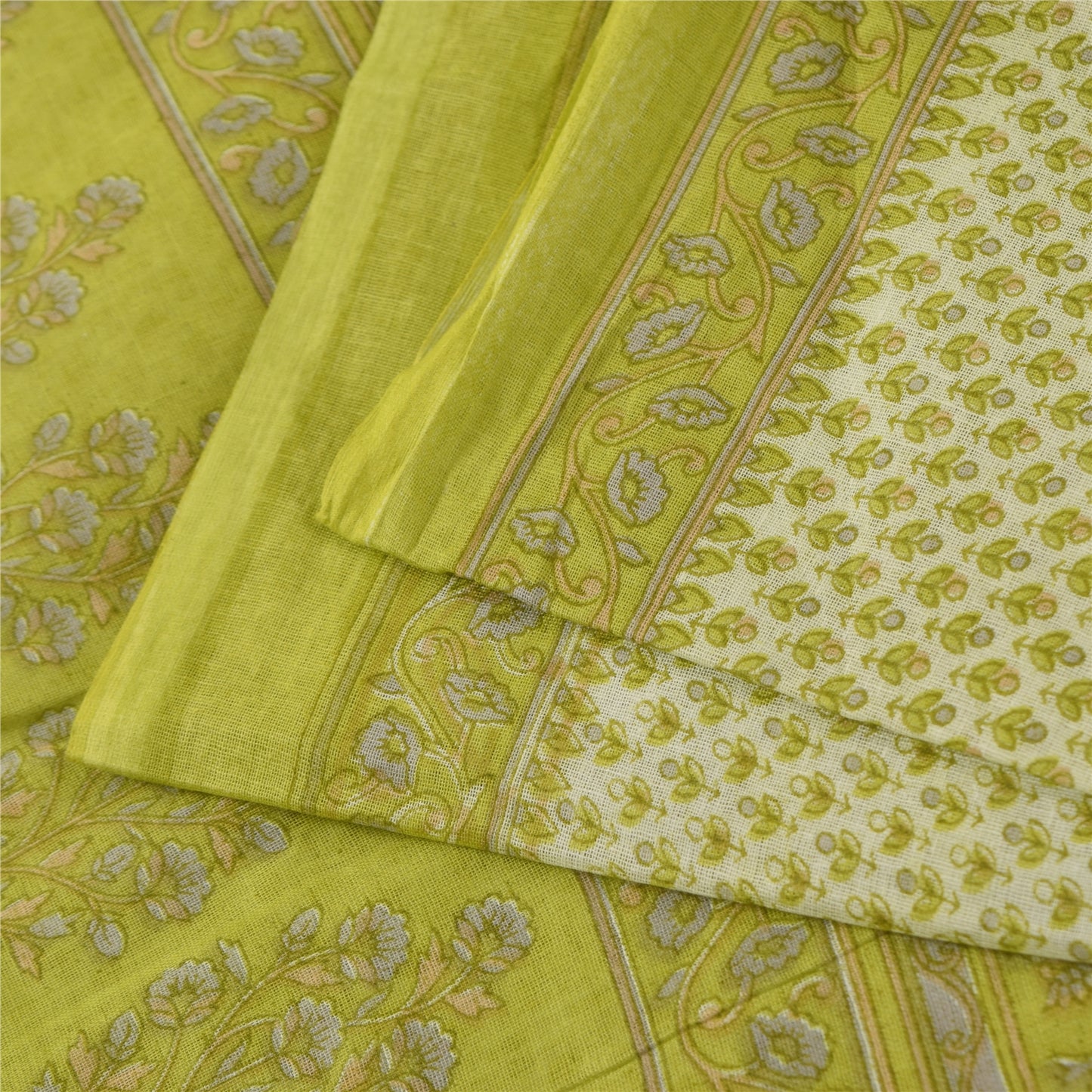 Sanskriti Vintage Sarees Ivory & Green Pure Cotton Print Sari 5+yd Craft Fabric