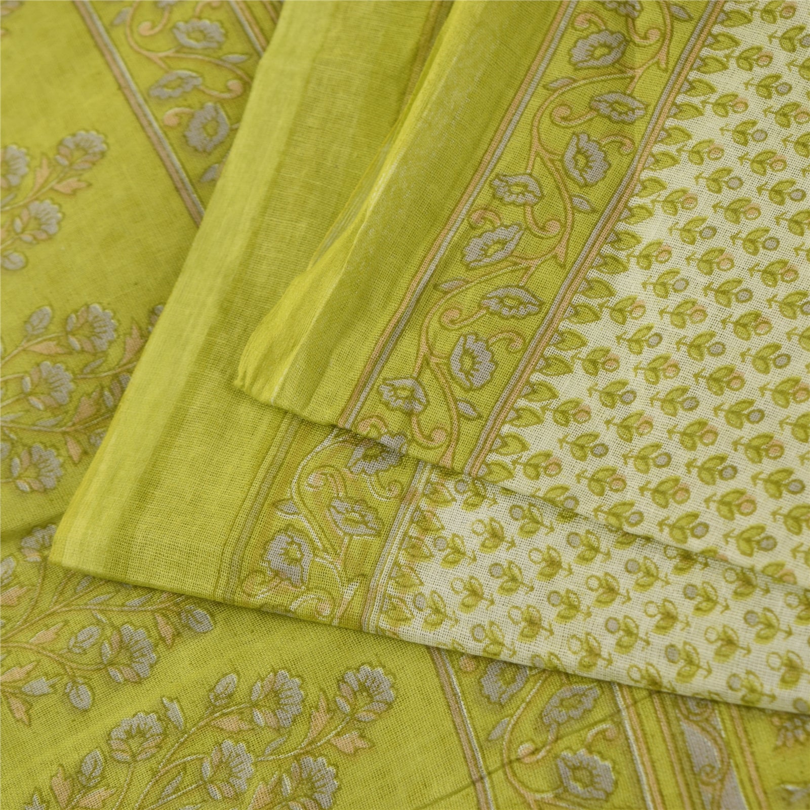 Sanskriti Vintage Sarees Ivory & Green Pure Cotton Print Sari 5+yd Craft Fabric