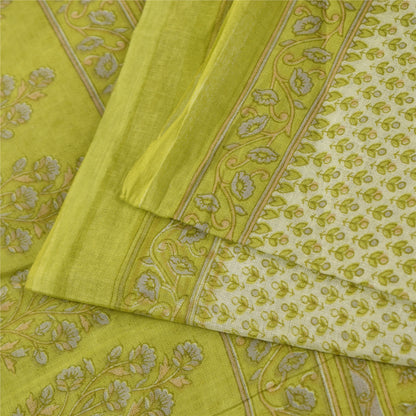 Sanskriti Vintage Sarees Ivory & Green Pure Cotton Print Sari 5+yd Craft Fabric