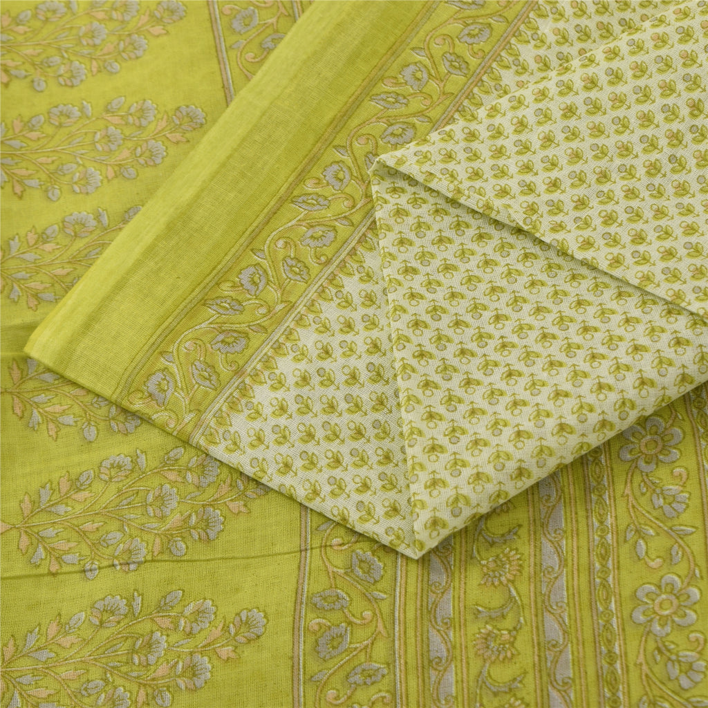 Sanskriti Vintage Sarees Ivory & Green Pure Cotton Print Sari 5+yd Craft Fabric