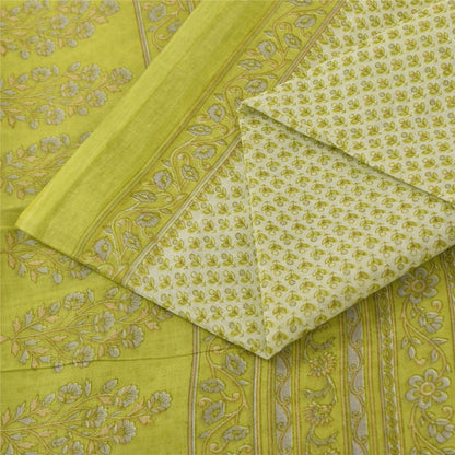 Sanskriti Vintage Sarees Ivory & Green Pure Cotton Print Sari 5+yd Craft Fabric