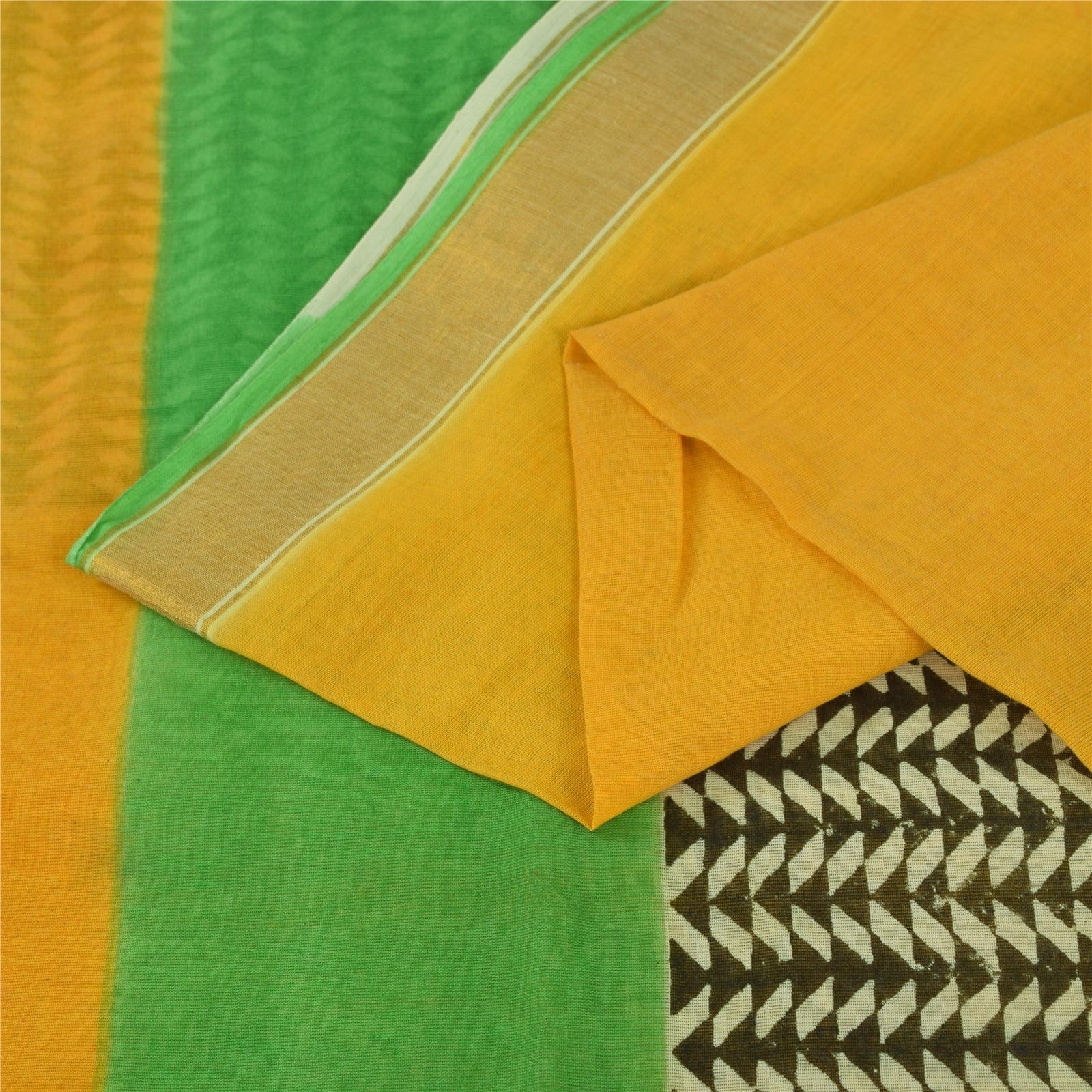 Sanskriti Vintage Sarees Yellow Pure Cotton Hand Block Printed Sari 5+yd Fabric