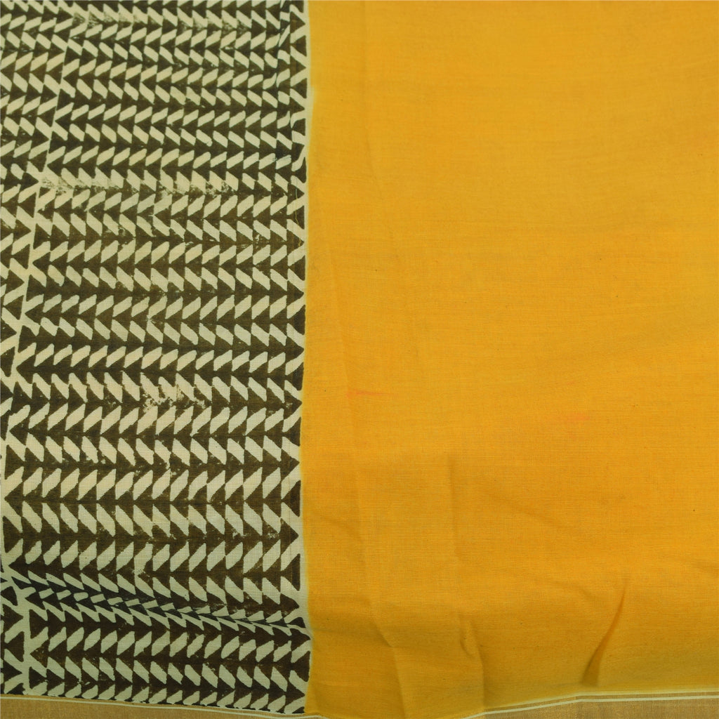 Sanskriti Vintage Sarees Yellow Pure Cotton Hand Block Printed Sari 5+yd Fabric