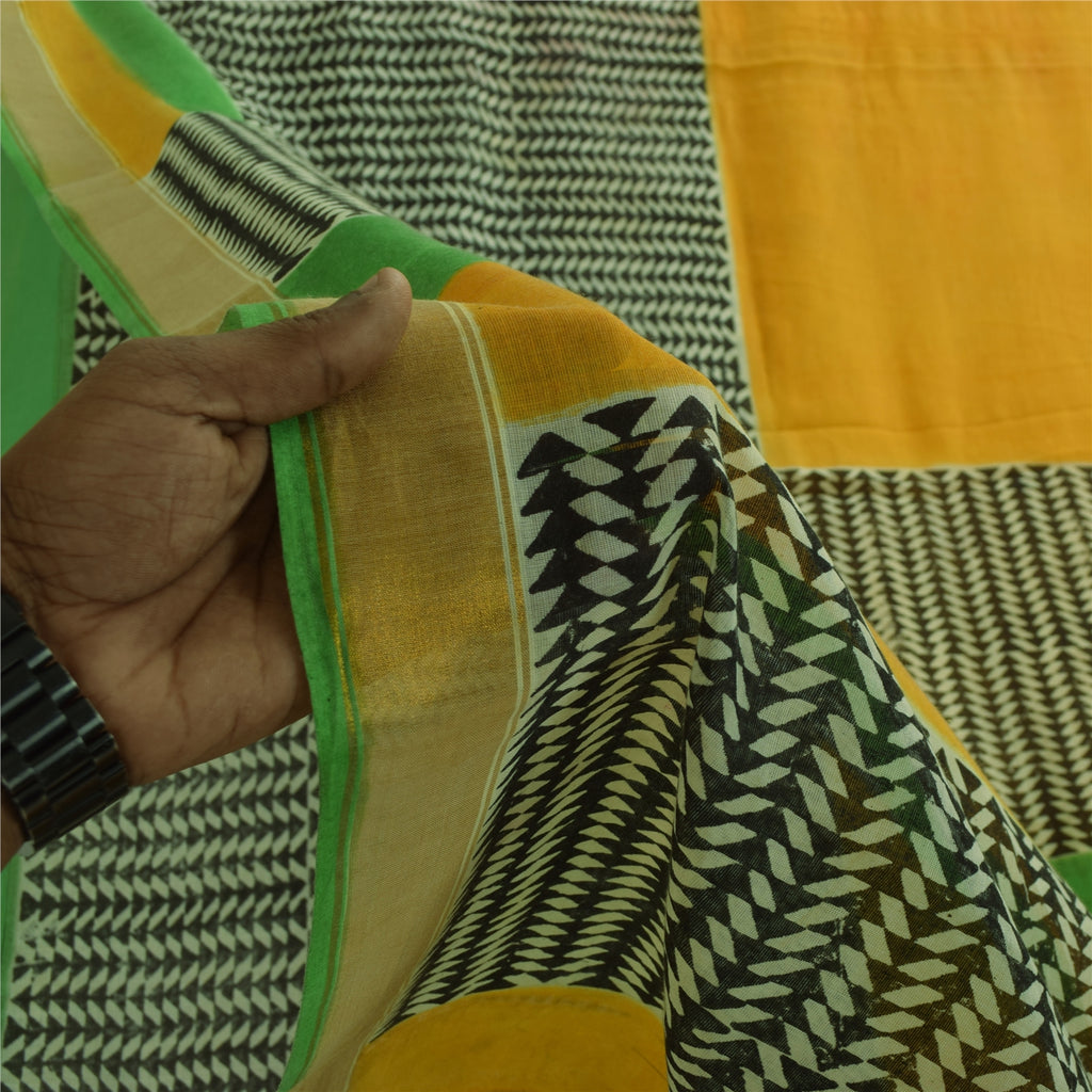 Sanskriti Vintage Sarees Yellow Pure Cotton Hand Block Printed Sari 5+yd Fabric