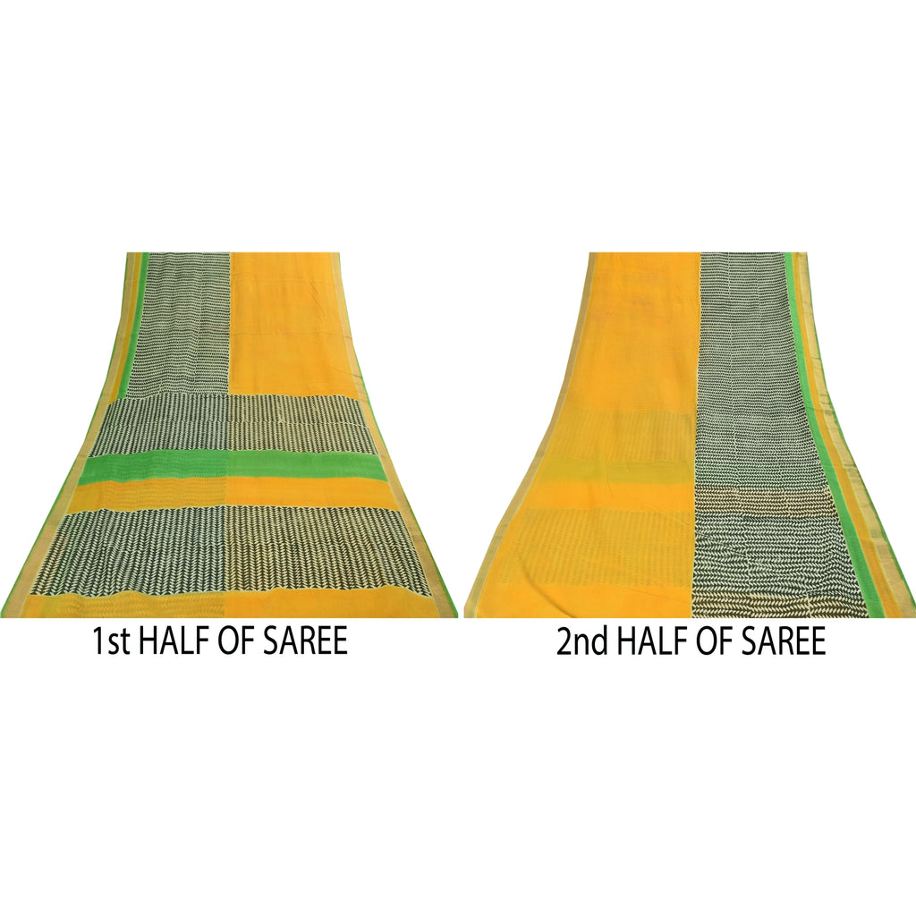 Sanskriti Vintage Sarees Yellow Pure Cotton Hand Block Printed Sari 5+yd Fabric