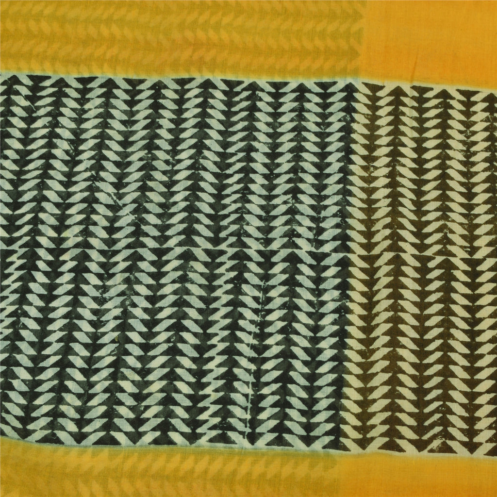 Sanskriti Vintage Sarees Yellow Pure Cotton Hand Block Printed Sari 5+yd Fabric