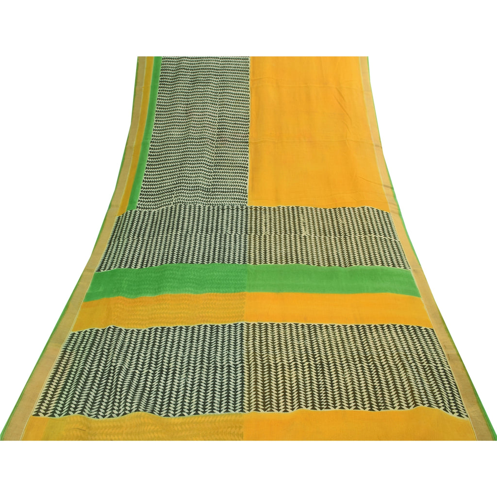 Sanskriti Vintage Sarees Yellow Pure Cotton Hand Block Printed Sari 5+yd Fabric