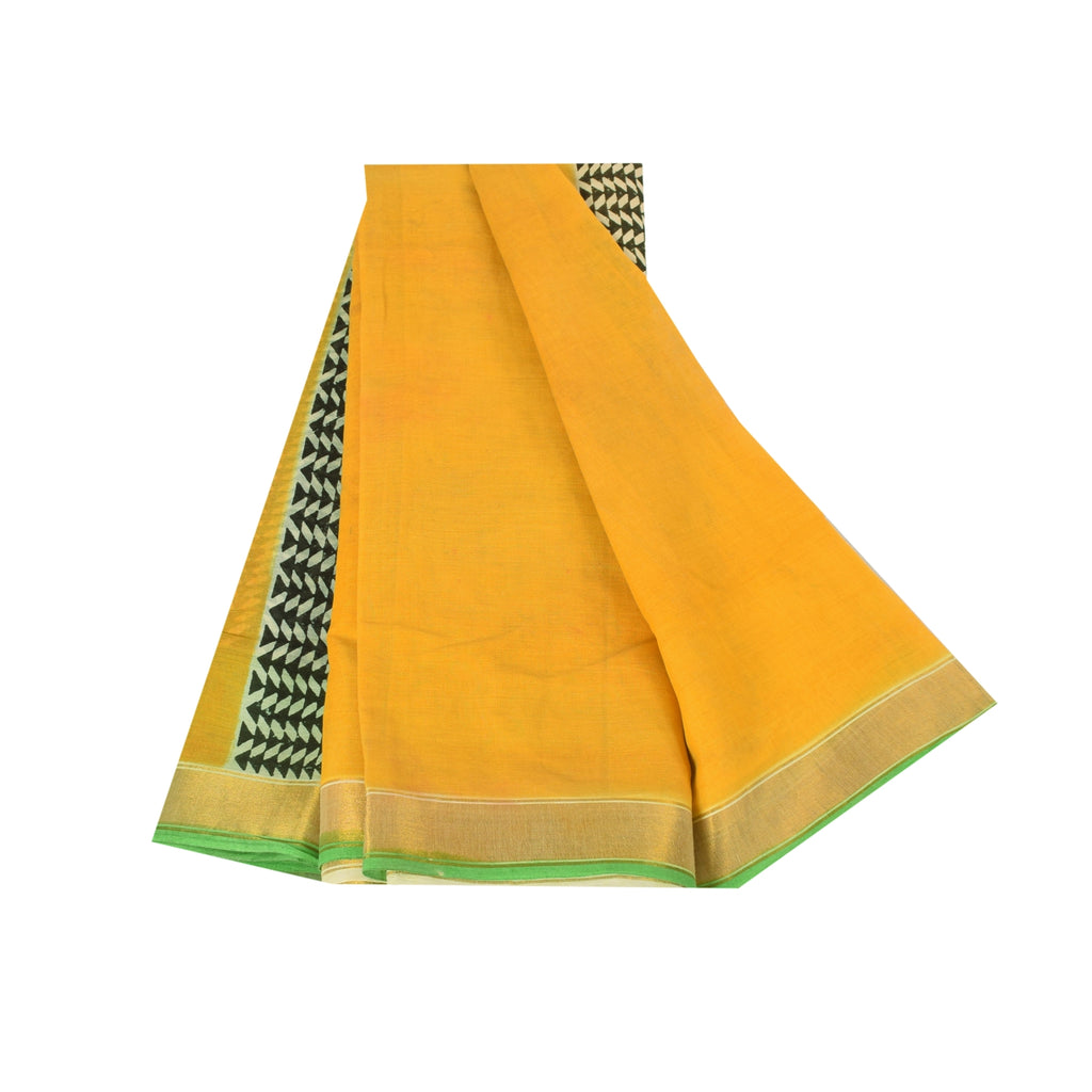 Sanskriti Vintage Sarees Yellow Pure Cotton Hand Block Printed Sari 5+yd Fabric