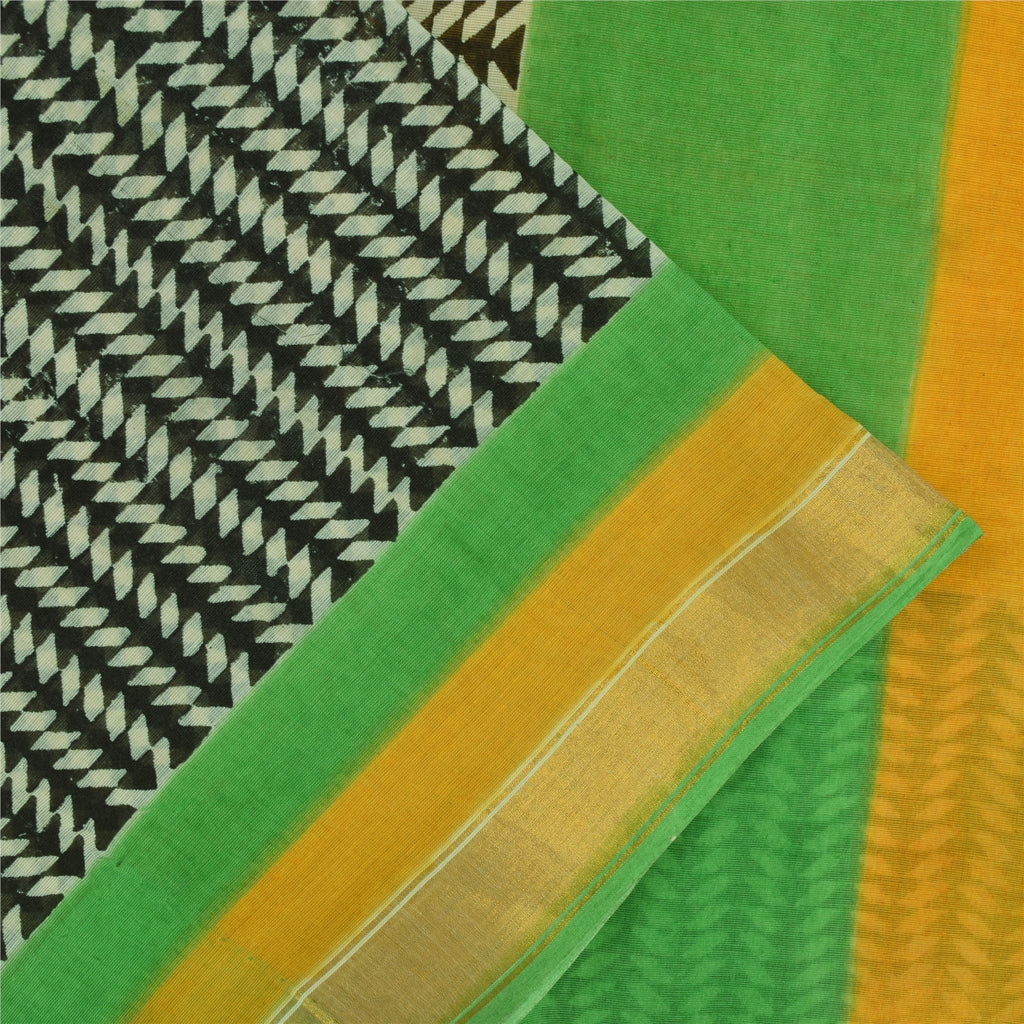 Sanskriti Vintage Sarees Yellow Pure Cotton Hand Block Printed Sari 5+yd Fabric