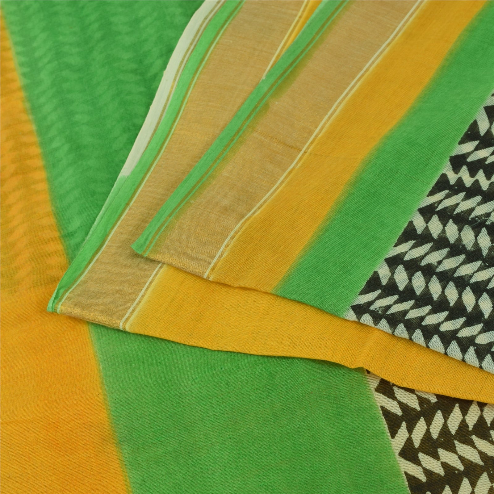 Sanskriti Vintage Sarees Yellow Pure Cotton Hand Block Printed Sari 5+yd Fabric