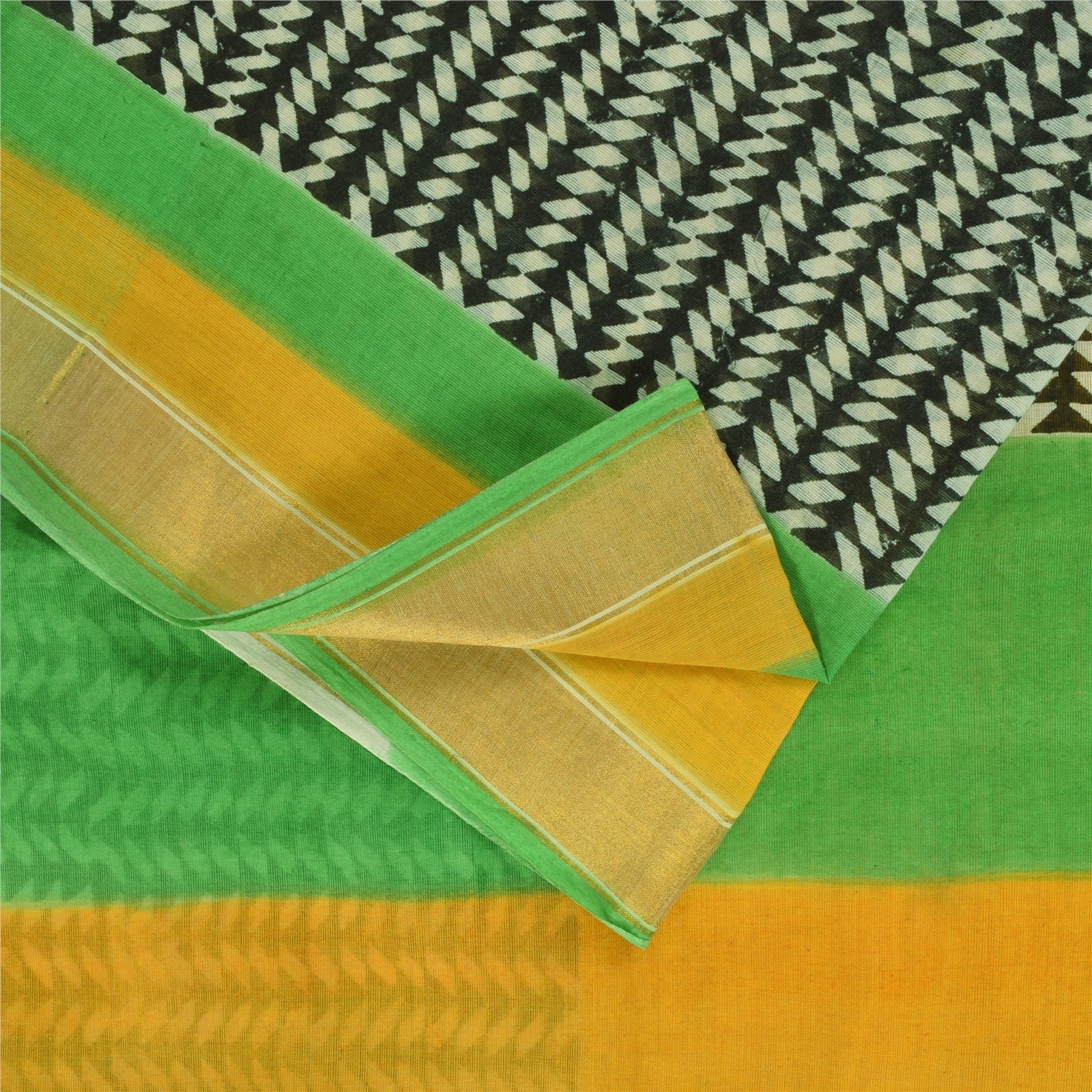 Sanskriti Vintage Sarees Yellow Pure Cotton Hand Block Printed Sari 5+yd Fabric