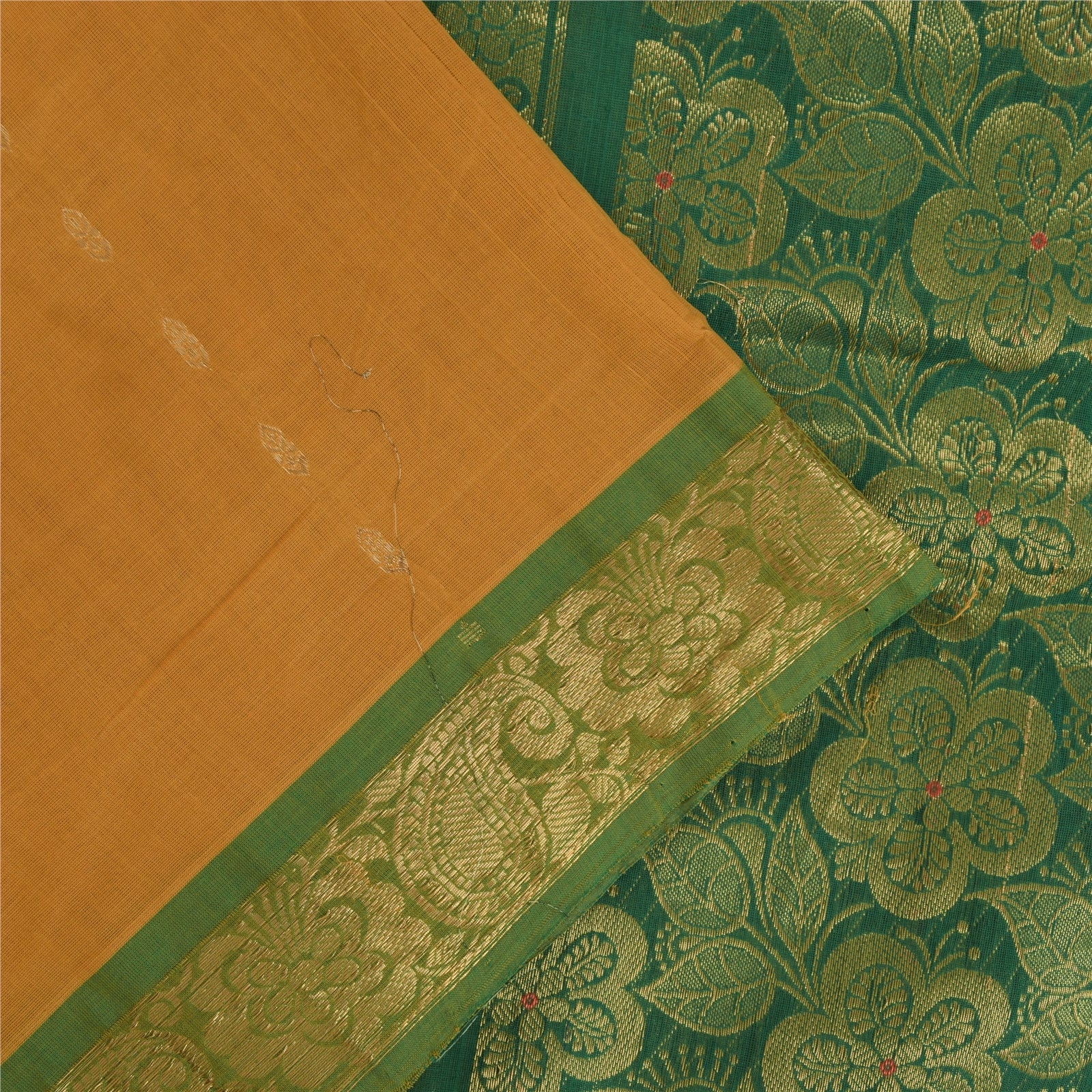 Sanskriti Vintage Sarees Yellow Brocade Woven Pure Cotton Sari 5+yd Craft Fabric