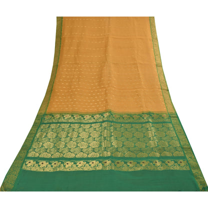 Sanskriti Vintage Sarees Yellow Brocade Woven Pure Cotton Sari 5+yd Craft Fabric