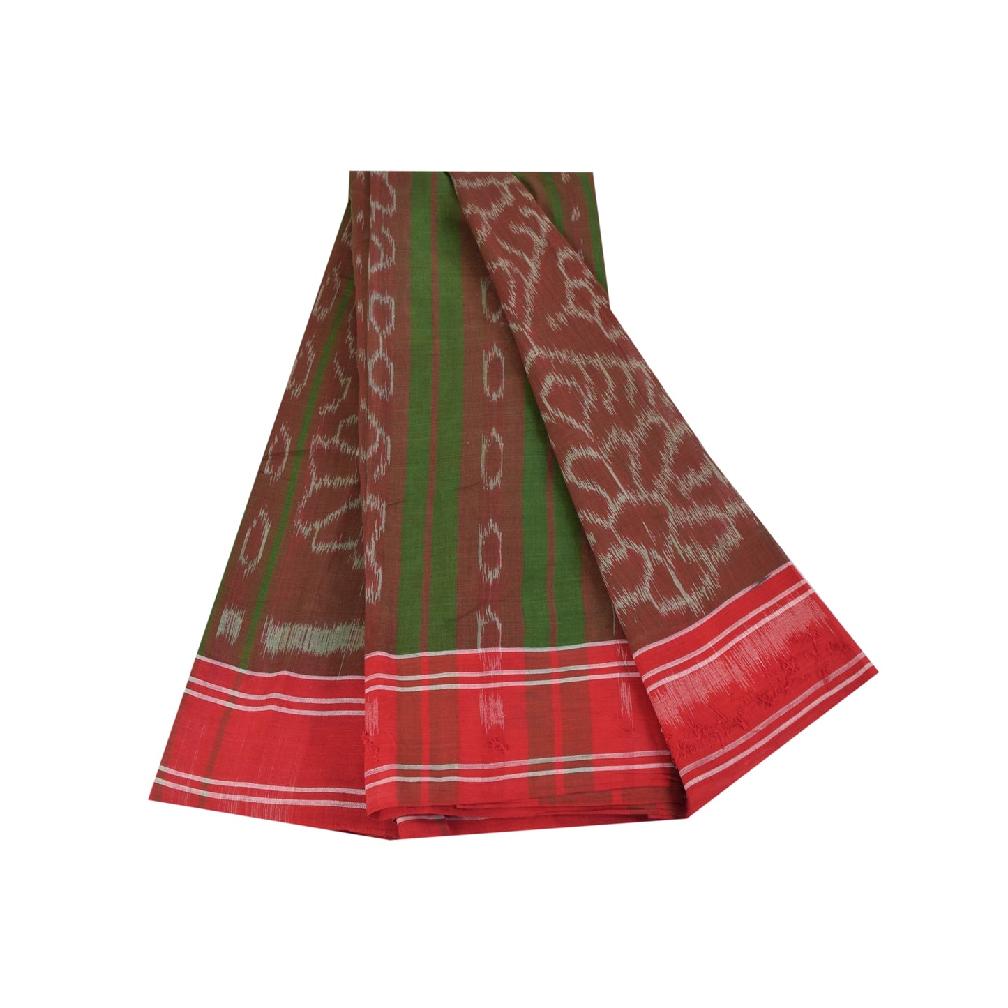 Sanskriti Vintage Sarees Red & Green Ikat Handwoven Pure Cotton Sari 5+yd Fabric