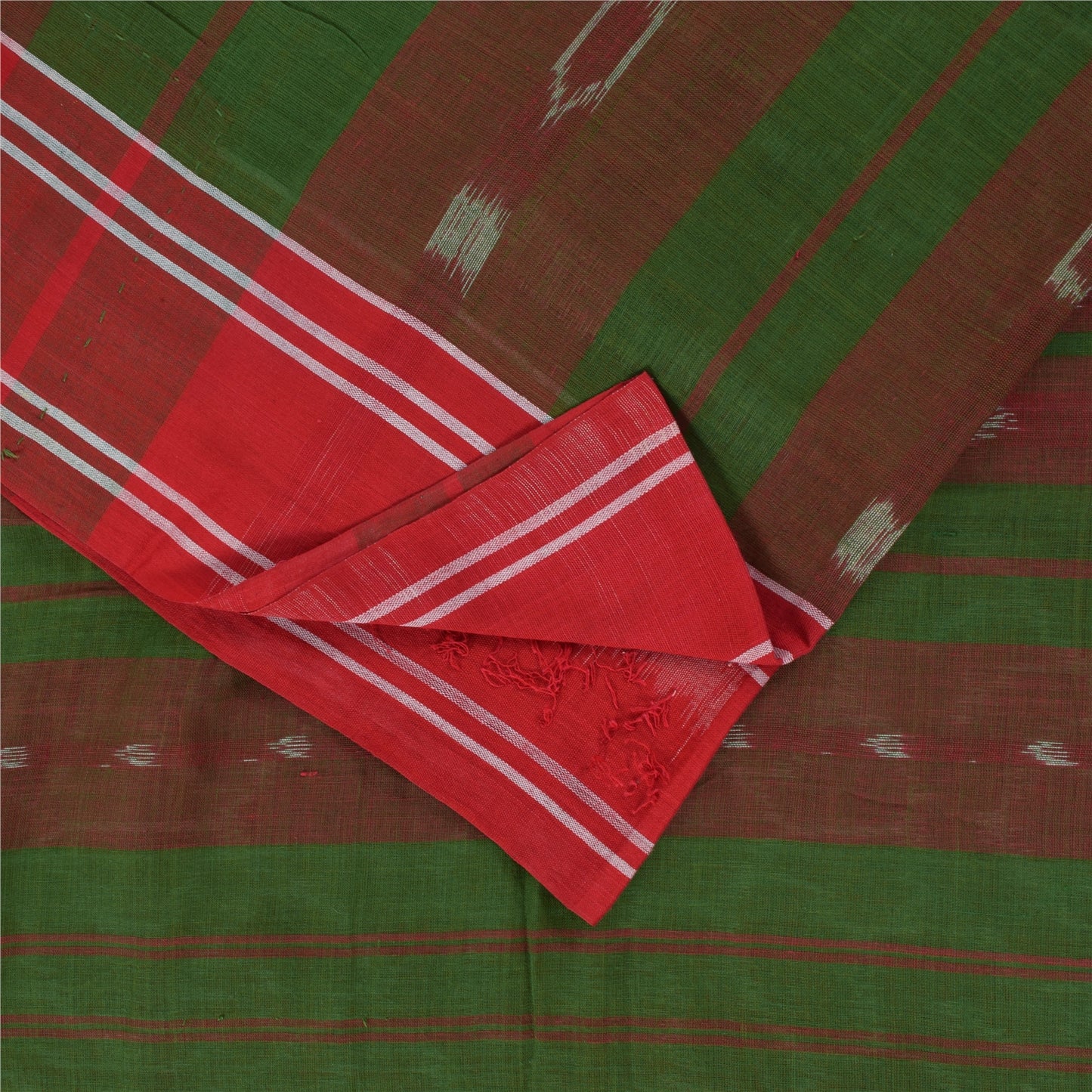 Sanskriti Vintage Sarees Red & Green Ikat Handwoven Pure Cotton Sari 5+yd Fabric