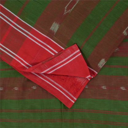 Sanskriti Vintage Sarees Red & Green Ikat Handwoven Pure Cotton Sari 5+yd Fabric