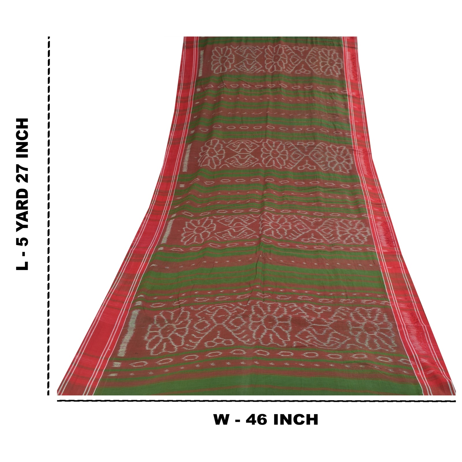 Sanskriti Vintage Sarees Red & Green Ikat Handwoven Pure Cotton Sari 5+yd Fabric