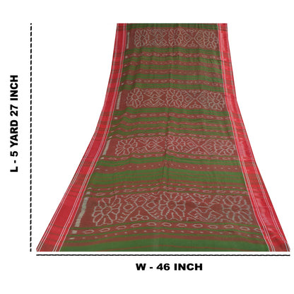 Sanskriti Vintage Sarees Red & Green Ikat Handwoven Pure Cotton Sari 5+yd Fabric