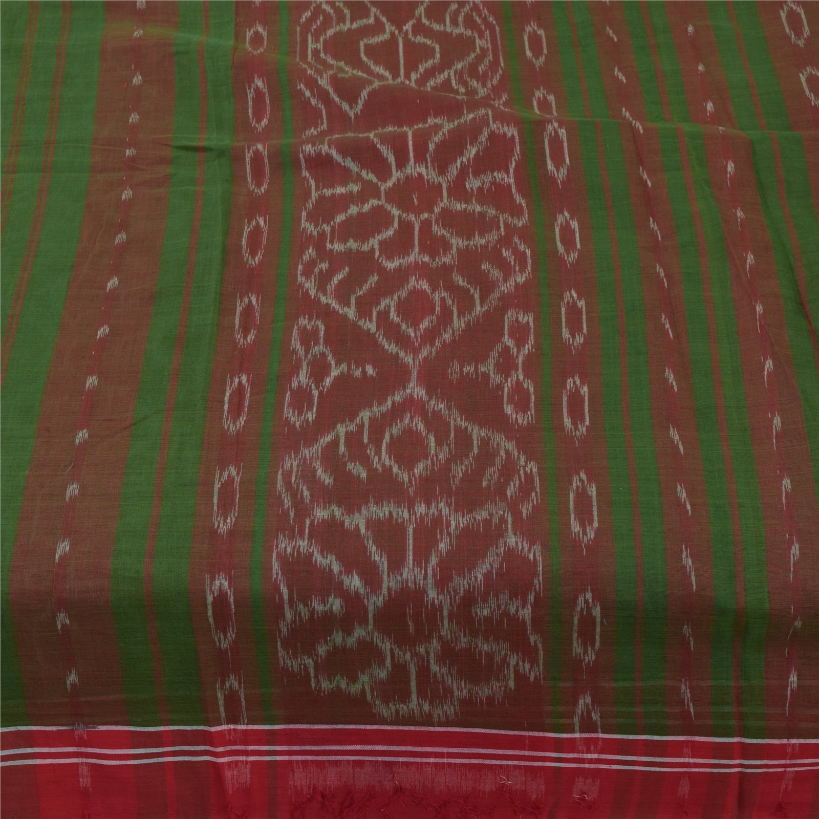 Sanskriti Vintage Sarees Red & Green Ikat Handwoven Pure Cotton Sari 5+yd Fabric