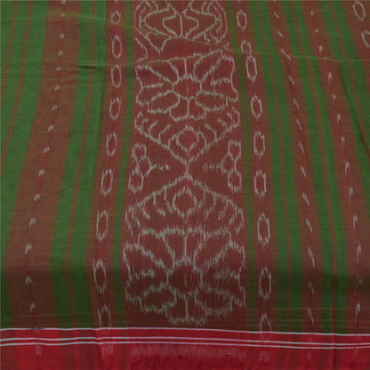 Sanskriti Vintage Sarees Red & Green Ikat Handwoven Pure Cotton Sari 5+yd Fabric