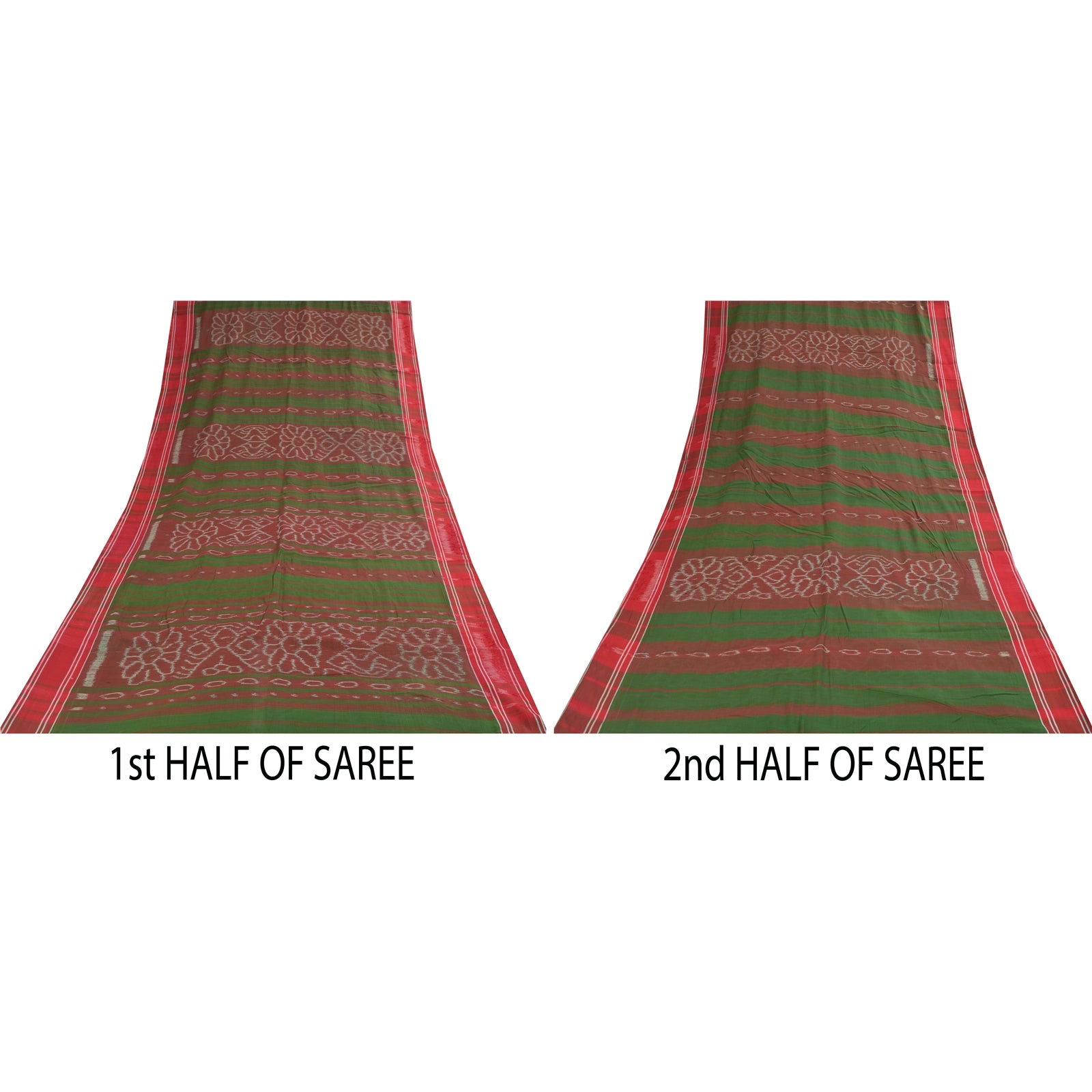 Sanskriti Vintage Sarees Red & Green Ikat Handwoven Pure Cotton Sari 5+yd Fabric