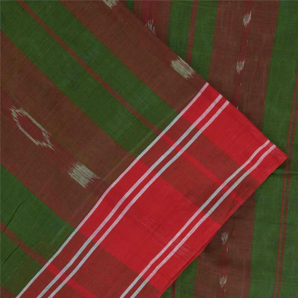 Sanskriti Vintage Sarees Red & Green Ikat Handwoven Pure Cotton Sari 5+yd Fabric