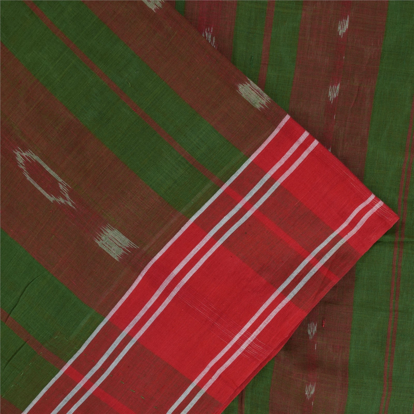 Sanskriti Vintage Sarees Red & Green Ikat Handwoven Pure Cotton Sari 5+yd Fabric