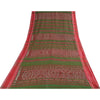 Sanskriti Vintage Sarees Red & Green Ikat Handwoven Pure Cotton Sari 5+yd Fabric