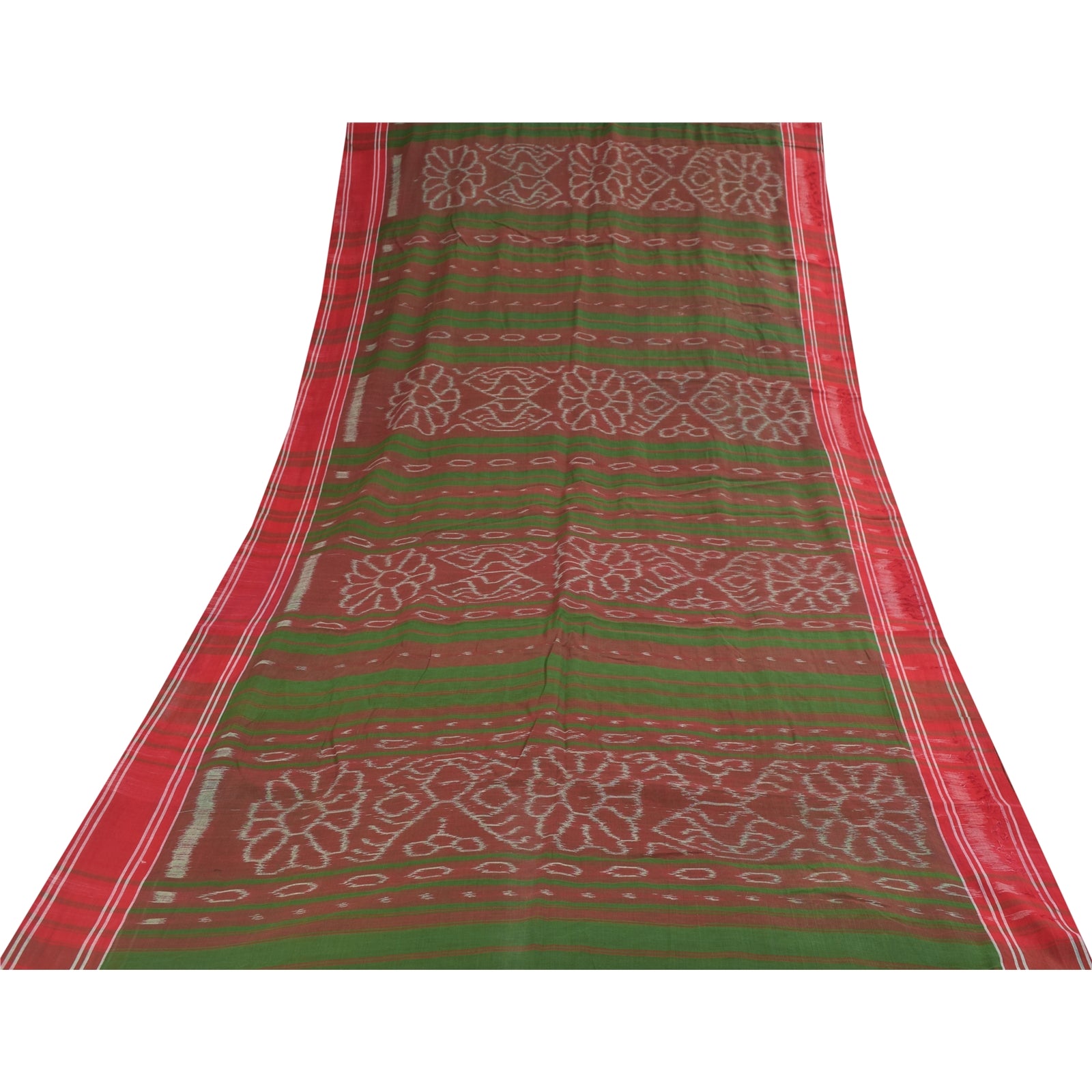 Sanskriti Vintage Sarees Red & Green Ikat Handwoven Pure Cotton Sari 5+yd Fabric