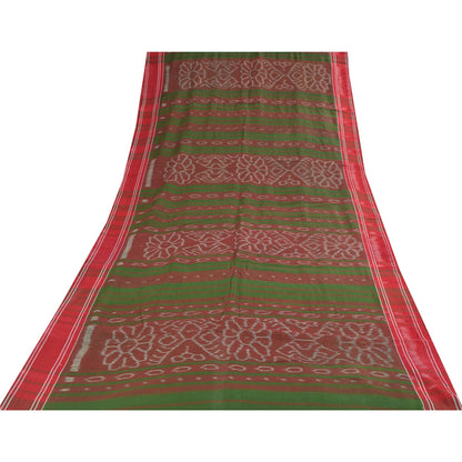 Sanskriti Vintage Sarees Red & Green Ikat Handwoven Pure Cotton Sari 5+yd Fabric