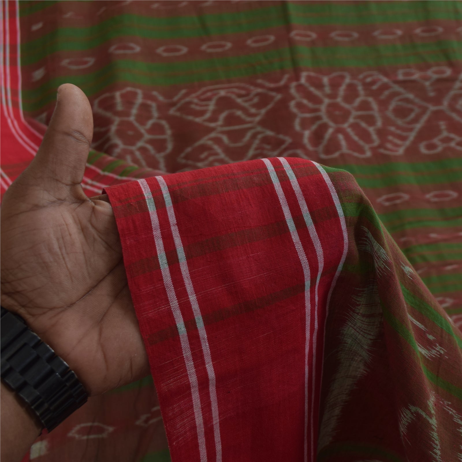 Sanskriti Vintage Sarees Red & Green Ikat Handwoven Pure Cotton Sari 5+yd Fabric