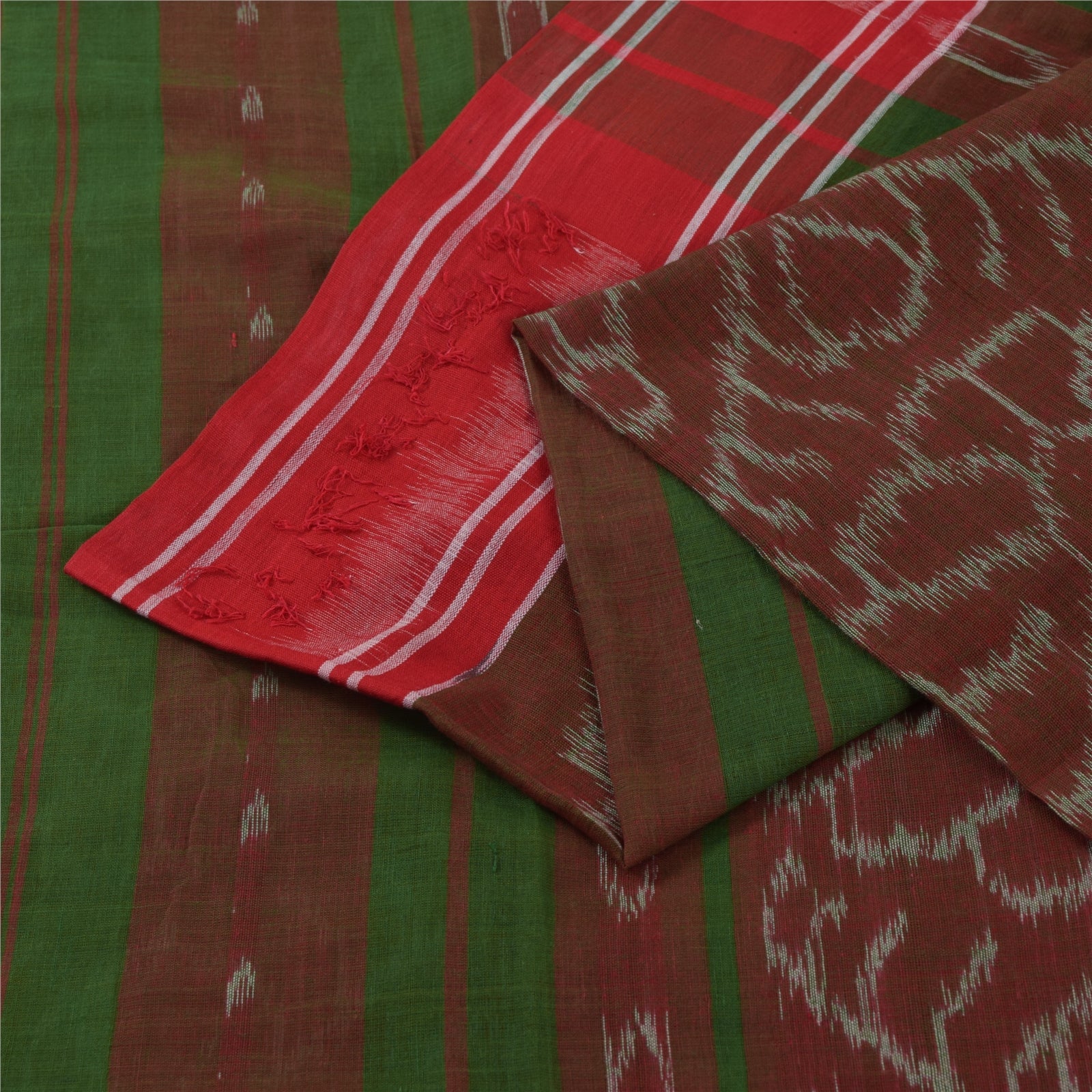 Sanskriti Vintage Sarees Red & Green Ikat Handwoven Pure Cotton Sari 5+yd Fabric