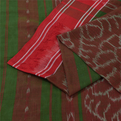 Sanskriti Vintage Sarees Red & Green Ikat Handwoven Pure Cotton Sari 5+yd Fabric