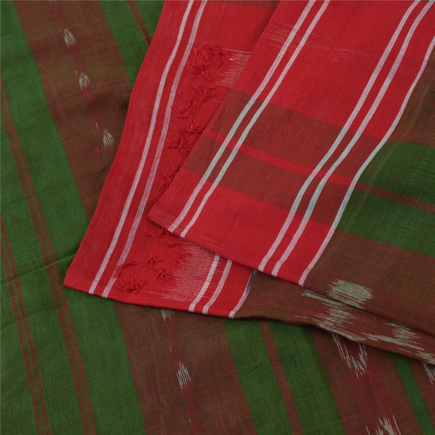Sanskriti Vintage Sarees Red & Green Ikat Handwoven Pure Cotton Sari 5+yd Fabric