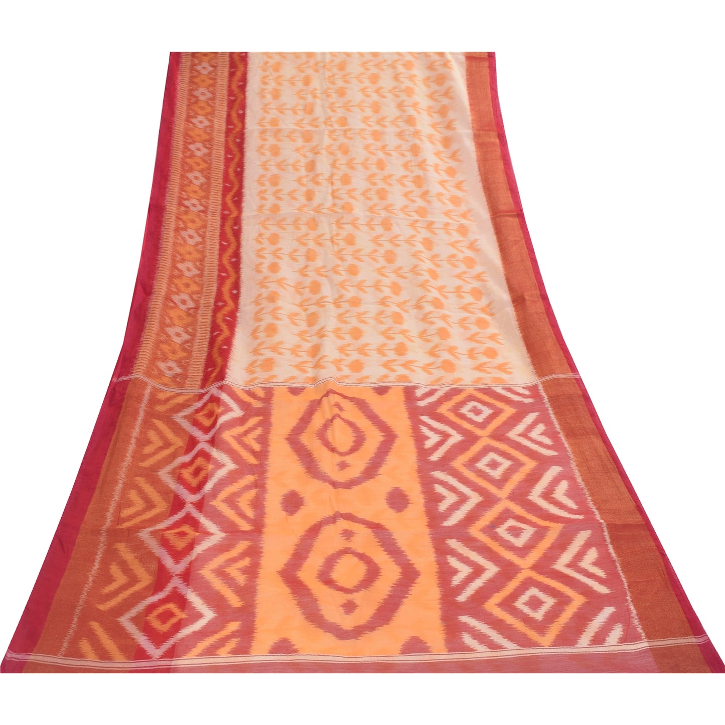 Sanskriti Vintage Sarees Peach Ikat Handwoven Sambhalpuri Pure CottonSari Fabric