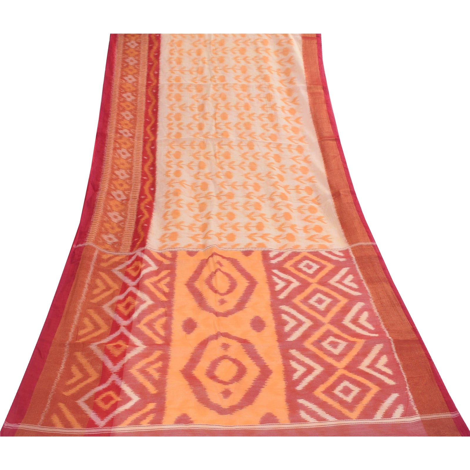 Sanskriti Vintage Sarees Peach Ikat Handwoven Sambhalpuri Pure CottonSari Fabric
